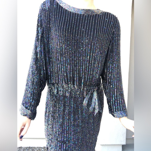 Vtg Black beading and sequin silk holiday, wedding guest formal dress, NYE - Picture 4 of 10